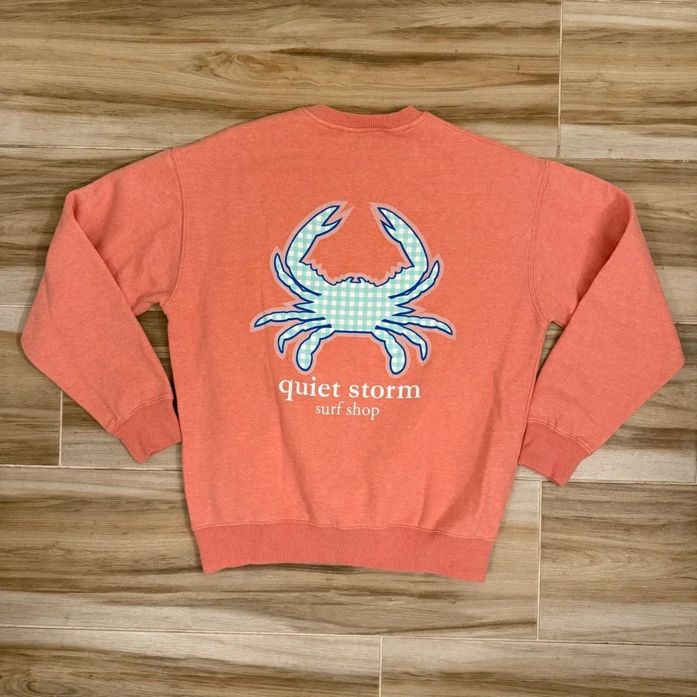 Quiet Storm Surf Shop Coral Pink Gingham Crab Graphic Crewneck Sweatshirt Medium - Picture 3 of 7
